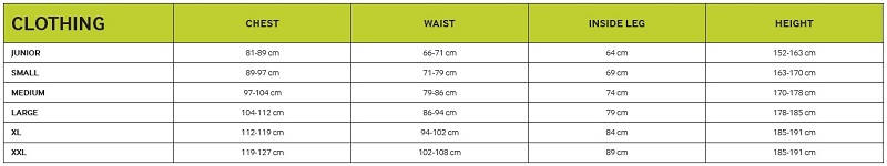 Yak Clothing size chart