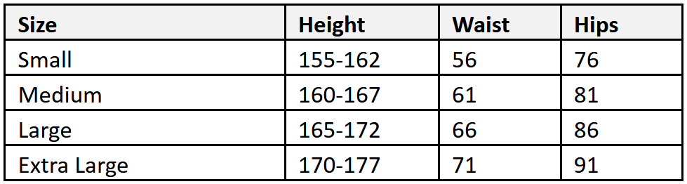 Enigma Wetsuit Trouser Sizing Chart