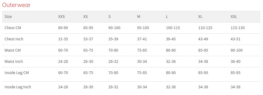 Peak Outerwear size chart