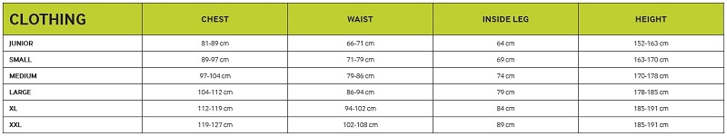 Yak Clothing size chart