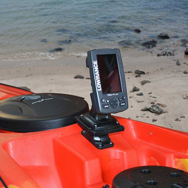 Railblaza Rotating Platform shown with a Lowrance Elite 4 fish finder