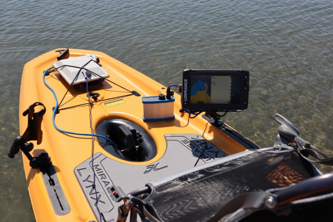 Bixpy Low Profile ThruHull Pedal Drive Adaptor installed on a Hobie Kayak