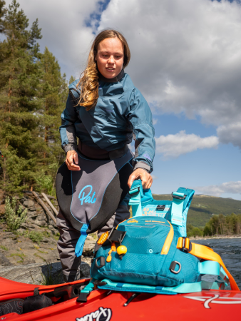 Palm Cascade Womens Dry Suit being used for white water kayaking