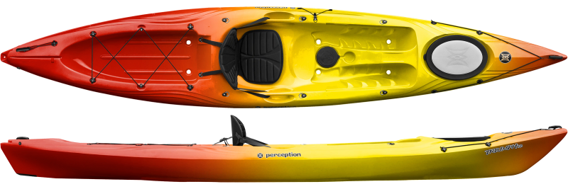 orange red and yellow sit on top 13 foot touring kayak from perception