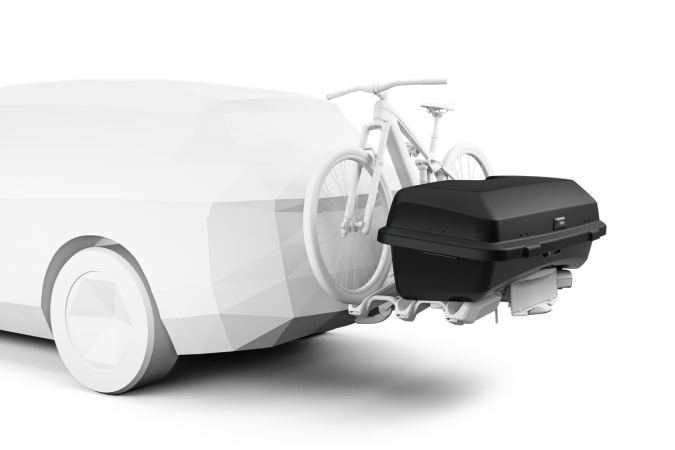Thule Santu Cargo Box shown on an EPOS bike rack with a bike