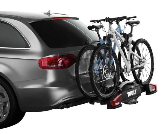 Thule VeloCompact 2 loaded with 2 bikes on the back of a car