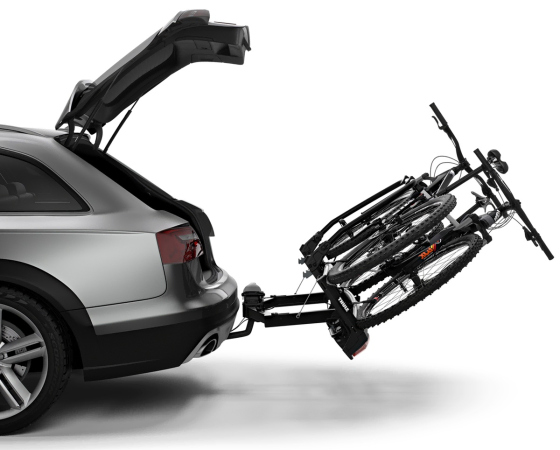 Thule VeloSpace XT 2 tilted to allow access to a car boot