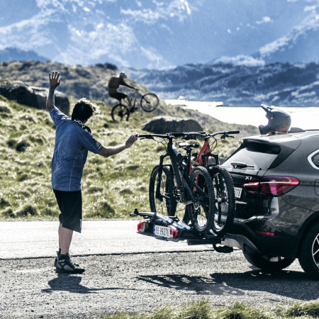 Thule VeloSpace XT 3 being used to carry bikes ont he back of a car
